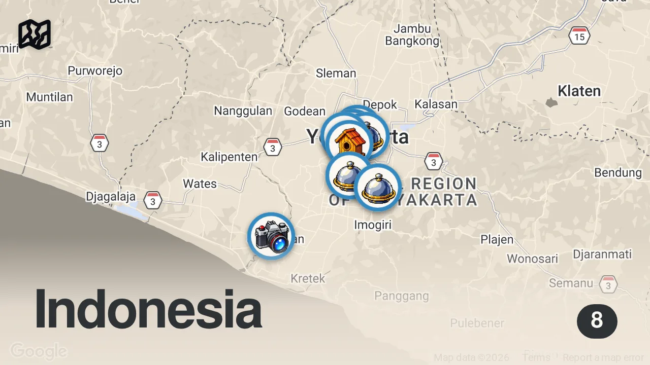 Map of 8 spots from Indonesian Street Food Heaven 🇮🇩 11 Must Try Dishes in YOGYAKARTA, Indonesia