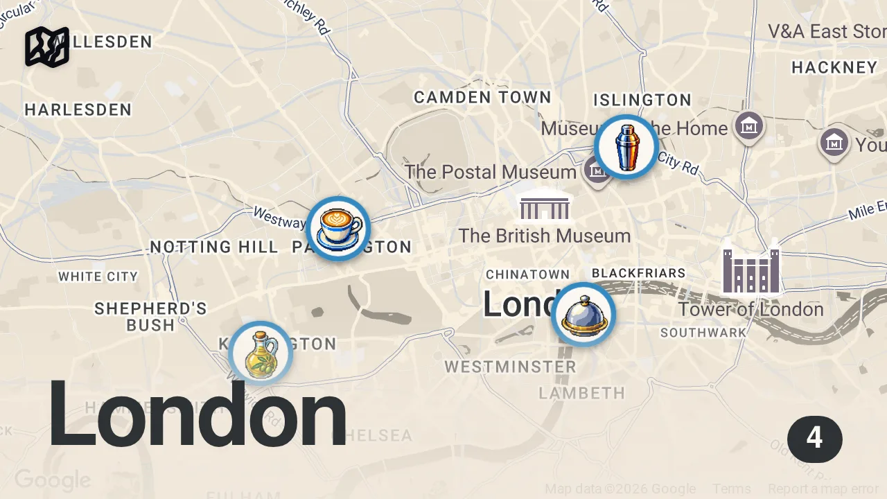 Map of 4 spots from Finding the Best Bottomless Brunch in London