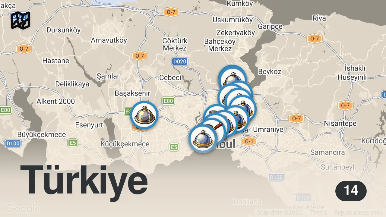 Map of 14 spots from İSTANBUL’UN EN İYİ KEBAPLARI (Tek videoda 15 iyi kebap) - Ayaküstü Lezzetler
