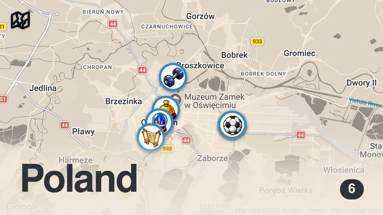 Map of 6 spots from Fimpens Resa Polen: Ruskigt drag i svensknästet