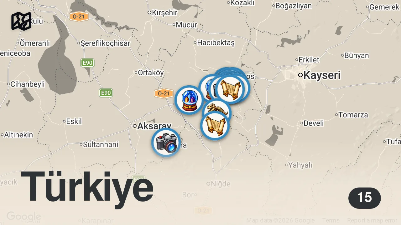 Map of 15 spots from NEVŞEHİR’DE GEZİLECEK YERLER | 3 GÜNLÜK GEZİ ROTASI