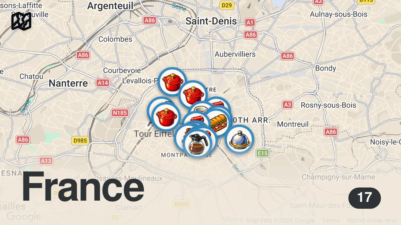Map of 17 spots from PARIS Food Guide | 17 Great Places to Eat!