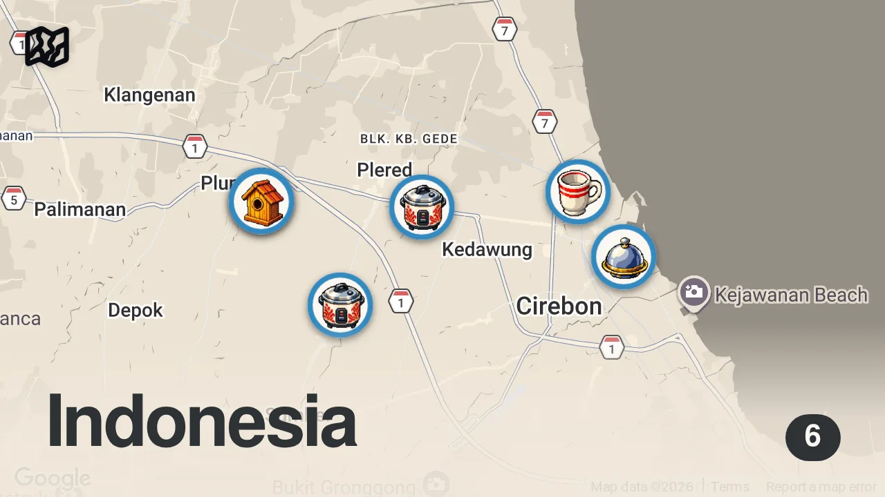 Map of 6 spots from 6 Indonesian Street Food in CIREBON, West Java