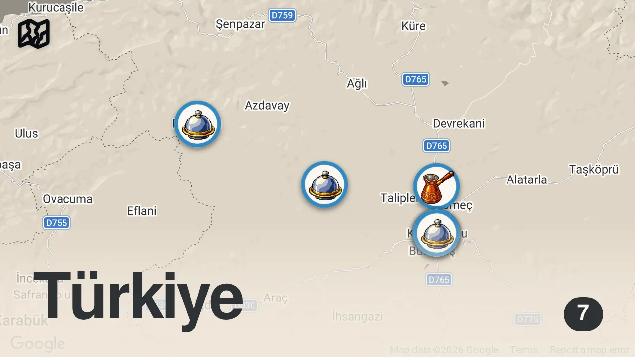 Map of 7 spots from KASTAMONU’DA NE YENİR VLOG
