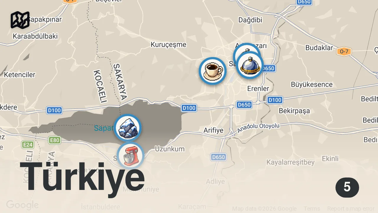 Map of 5 spots from İyi Yemeğin Ayağına Gidilir #3 | Sakarya Lezzetleri | İlker Ayrık’la Motosikletli Lezzet Yolculuğu