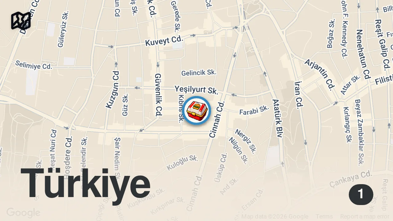 Map of 1 spot from HER HAFTA YENİ BURGER YAPIYORUZ! | ANKARA ET MANYAK