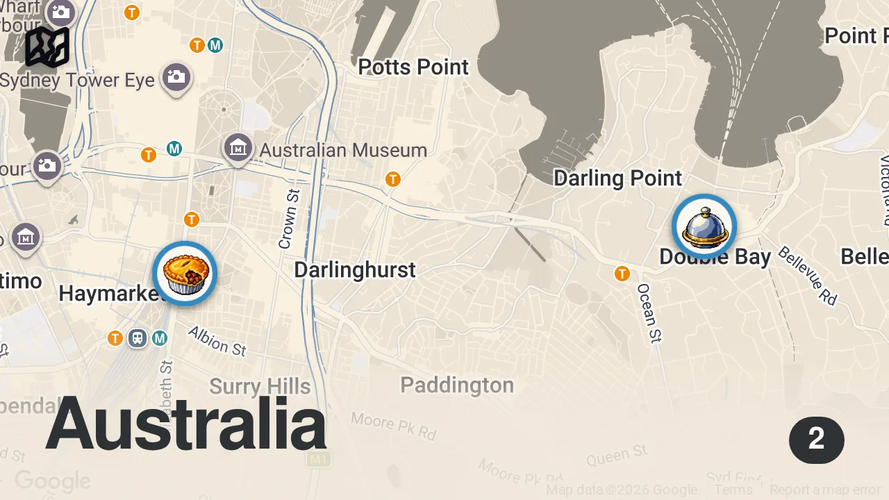 Map of 2 spots from Trying the #2 ranked steakhouse in the world! 📍Margaret, Sydney #steak #steakhouse #australia