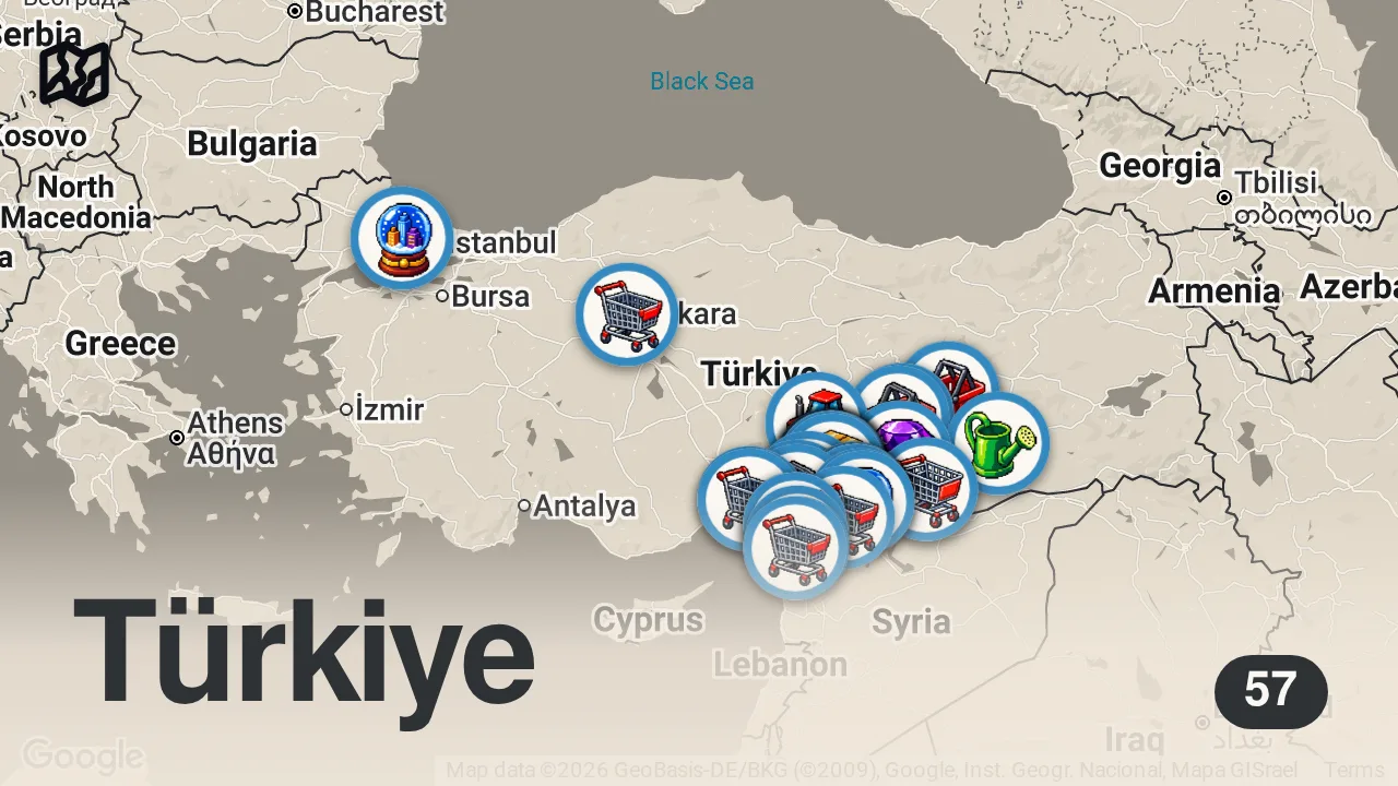 Map of 57 spots from DEPREMDEN ETKİLENEN 11 İLDEKİ YEREL ÜRETİCİLER - Ayaküstü Lezzetler