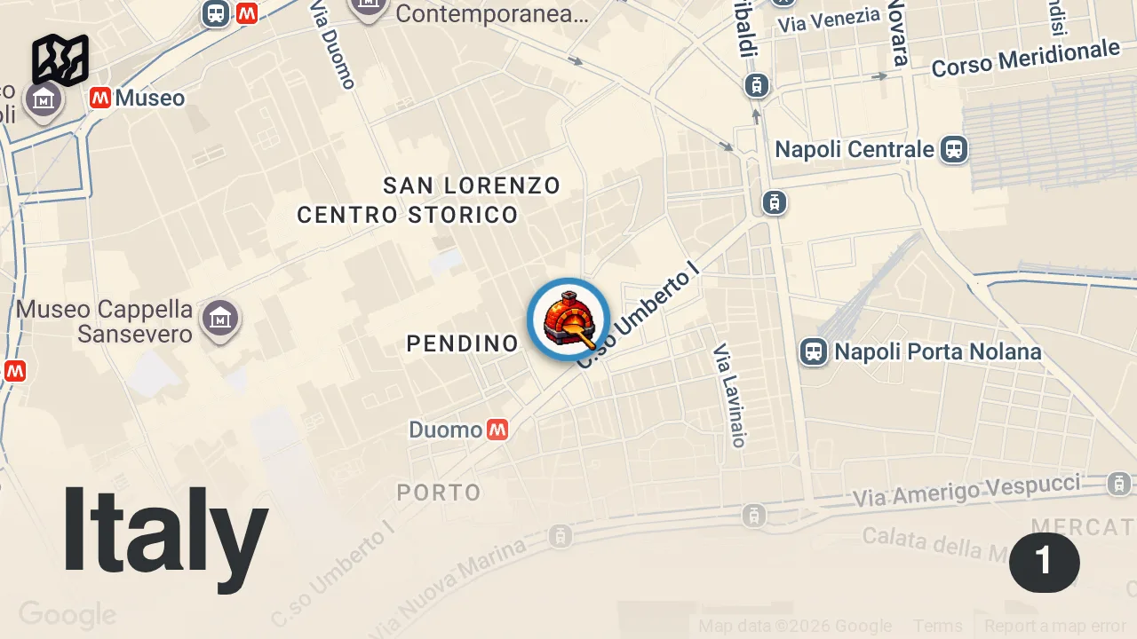 Map of 1 spot from 18 Must Try Foods in NAPLES - #1 PIZZA + Seafood Pasta - Italian Street food tour in Naples, Italy