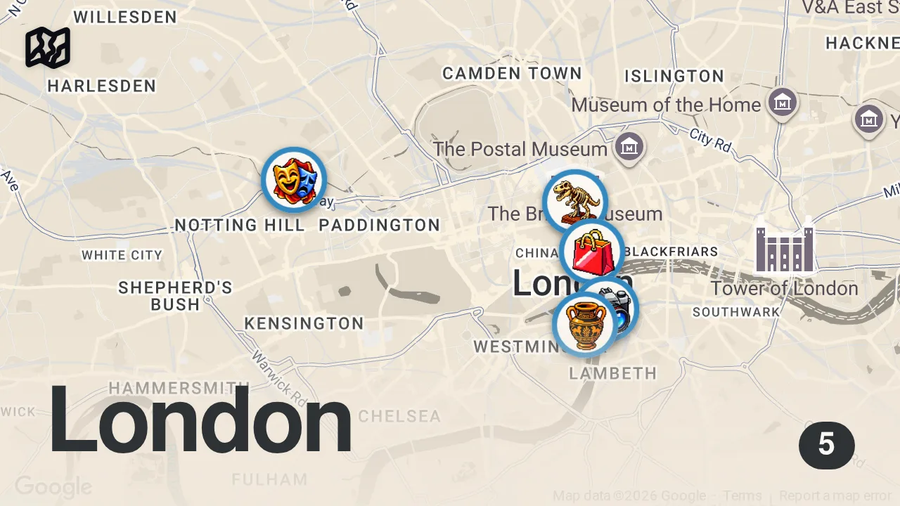Map of 5 spots from London Top 10 Things To Do (Part 2) 🇬🇧