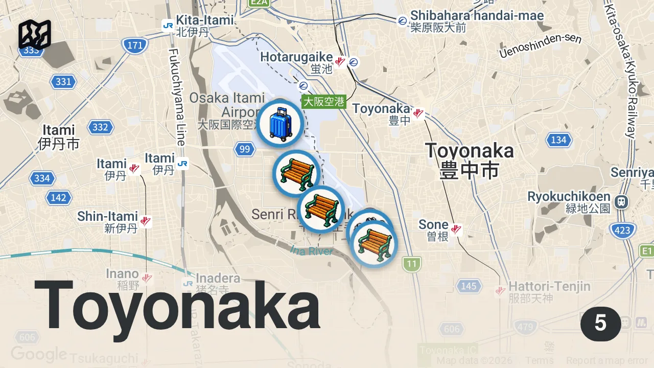 Map of 5 spots from 伊丹空港(大阪国際空港)を1日観光✈️ グルメから飛行機撮影スポットまで!