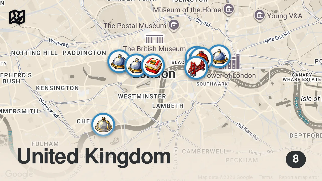 Map of 8 spots from I Tried Every Gordon Ramsay Restaurant