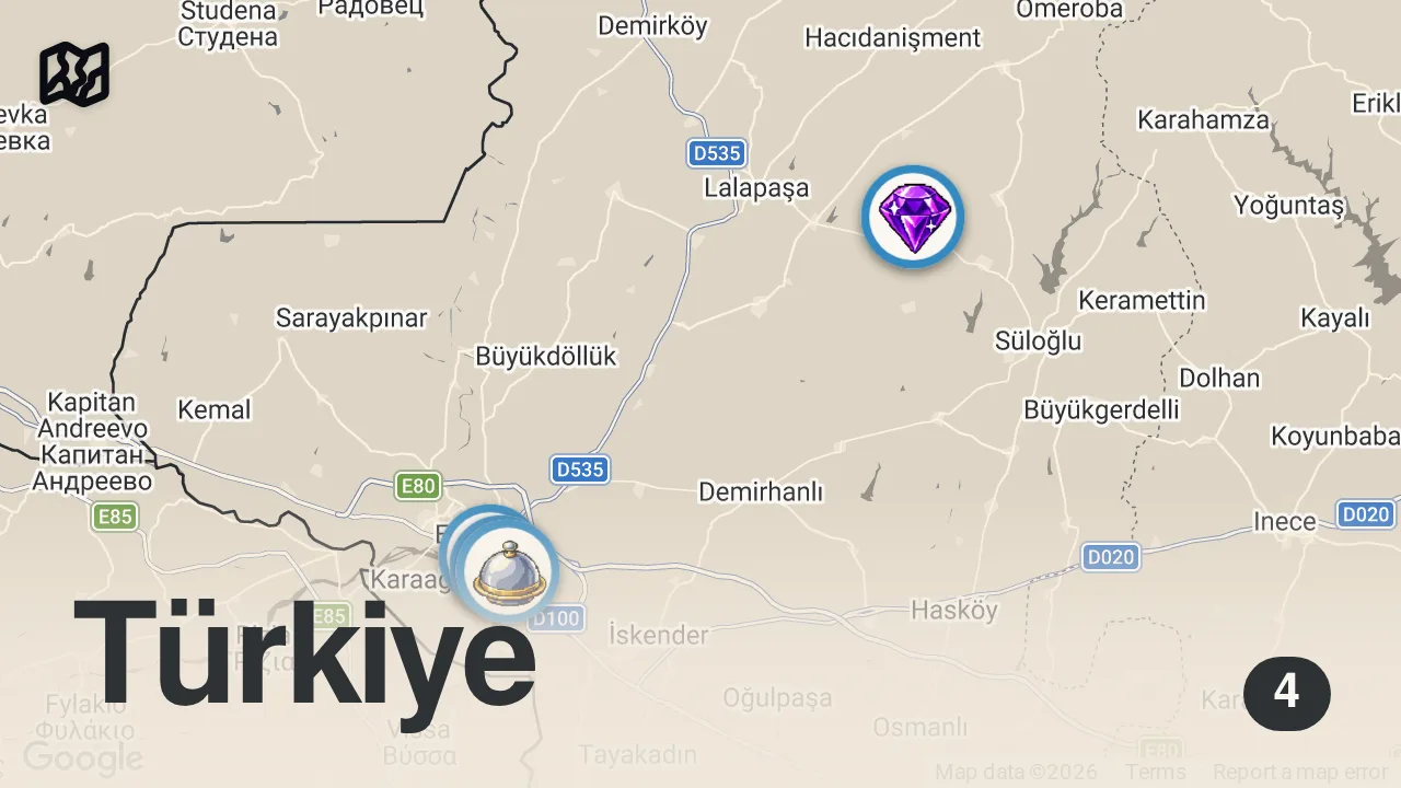 Map of 4 spots from Edirne Sanayi Lezzetleri | Su Böreği, Köfte, Bahçıvan Kebabı - Ayaküstü Lezzetler
