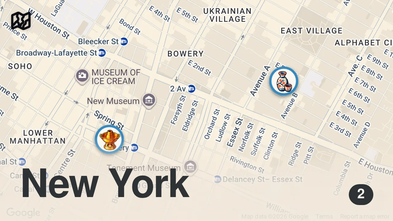 Map of 2 spots from Katsu Sando vs. Thai Breakfast Roti Wrap - Foodie Faceoff Ep. 2