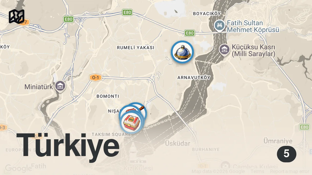 Map of 5 spots from BEŞİKTAŞ LEZZET REHBERİ (Edirne tava ciğeri, çibörek, hamburger, yanyana) - Ayaküstü Lezzetler