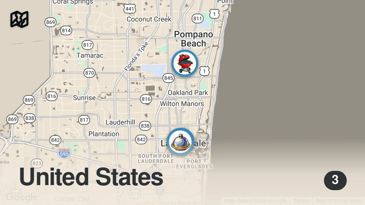 Map of 3 spots from Letting Strangers Decide Where I EAT For 24 Hours... (Florida)