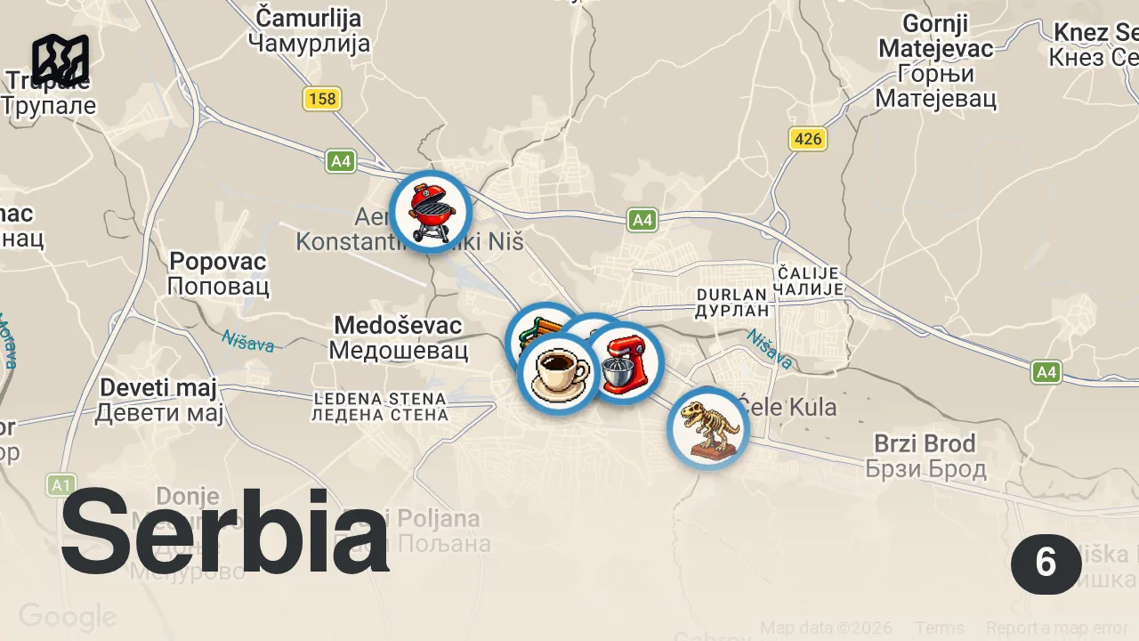 Map of 6 spots from SERBIA MEAT PARADISE! Serbian Street Food in Niš, Serbia - BEST Roštilj + BUREK + Pljeskavica