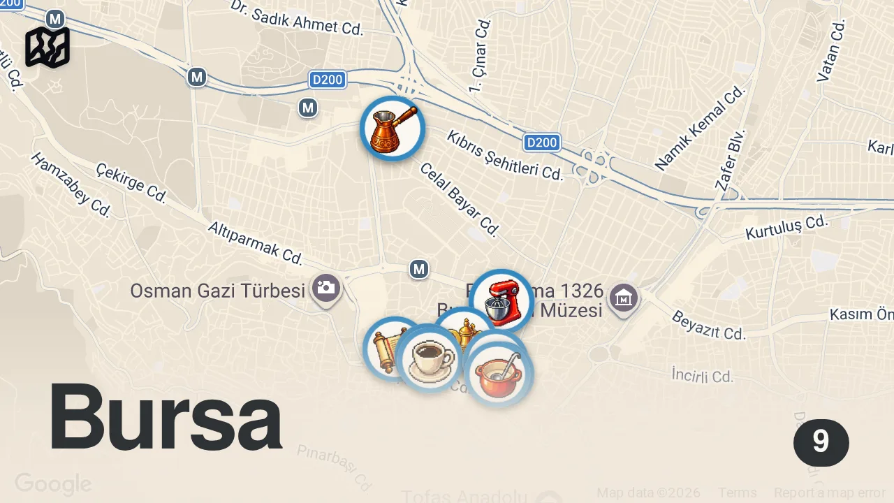 Map of 9 spots from 🇹🇷 STREET FOOD IN BURSA, TURKEY - KING OF ISKENDER KEBAB + HUGE STREET FOOD TOUR IN BURSA, TURKEY
