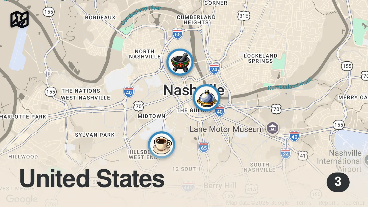 Map of 3 spots from Eating at Taylor Swift's FAVORITE Nashville Restaurants