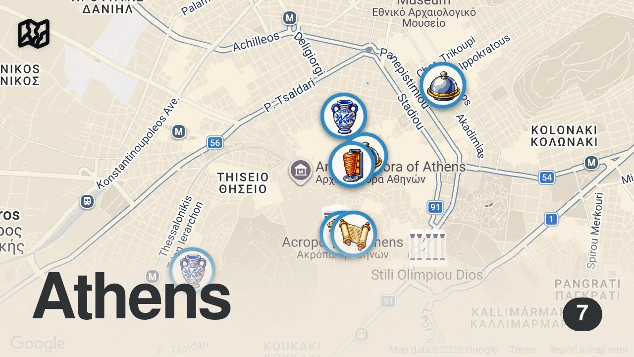 Map of 7 spots from WHERE TO EAT THE BEST FOOD IN ATHENS