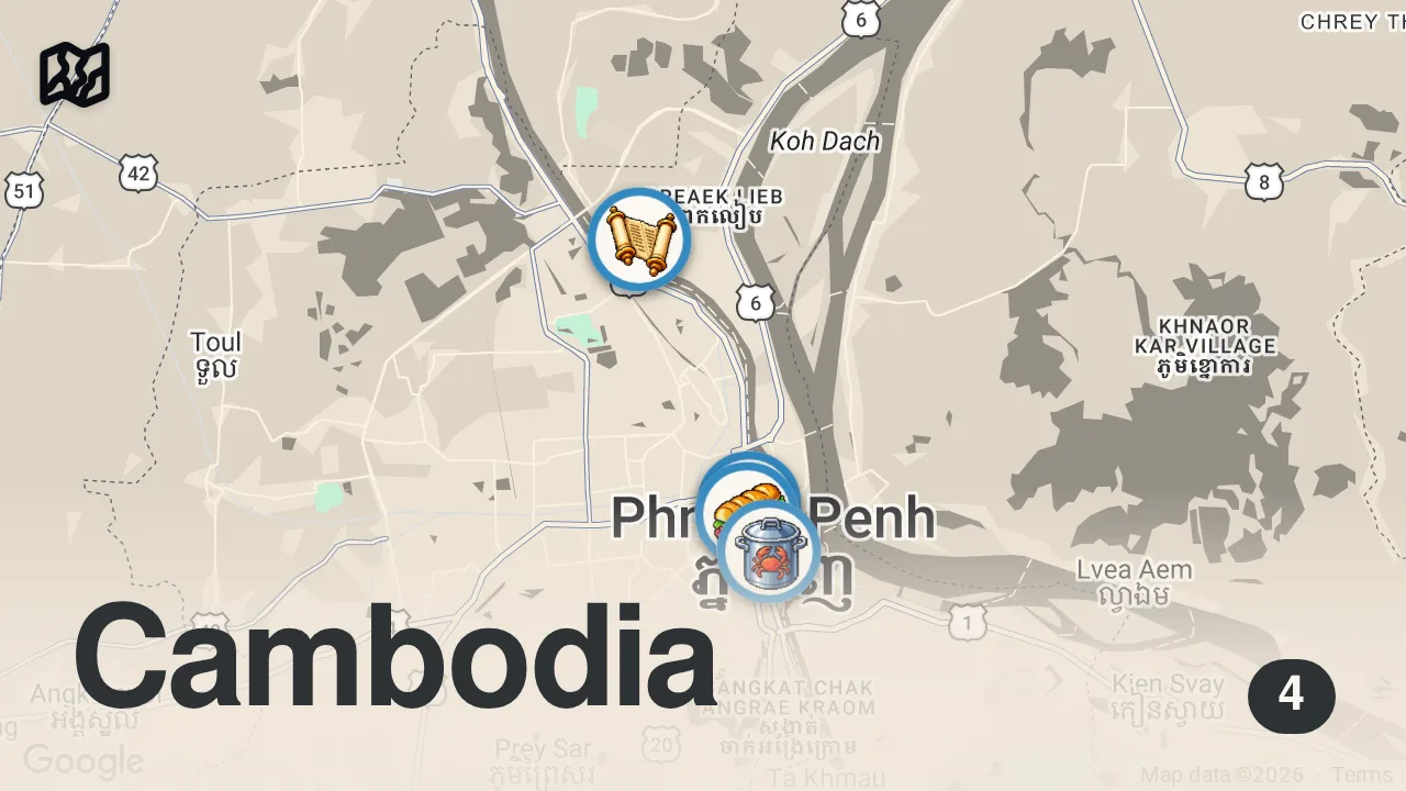 Map of 4 spots from Eating Everything I Can Chew In The Craziest Market In Phnom Penh, Cambodia 🇰🇭