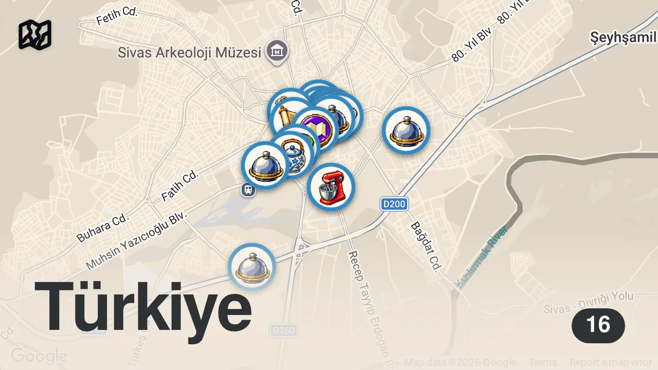 Map of 16 spots from SİVAS’TA NE YENİR!!! 1 GÜNDE DÜNYALARI YEDİM!!!