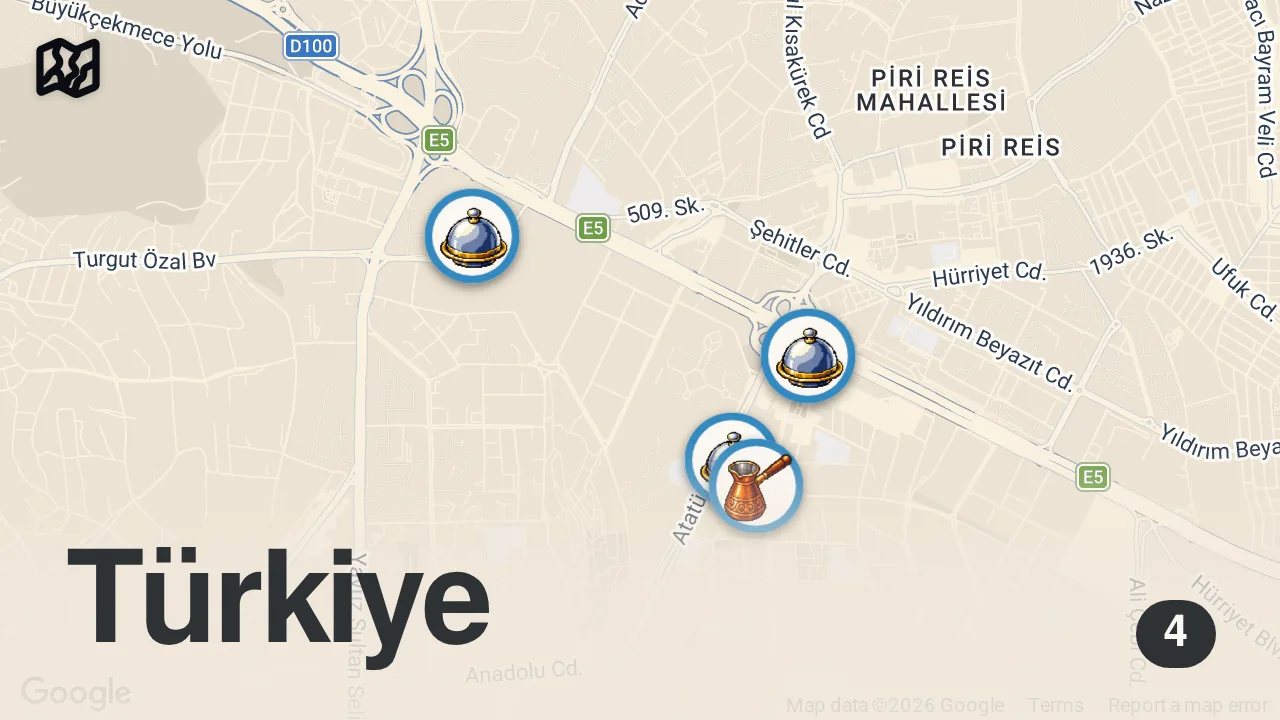 Map of 4 spots from BEYLİKDÜZÜ LEZZETLERİ - Ayaküstü Lezzetler