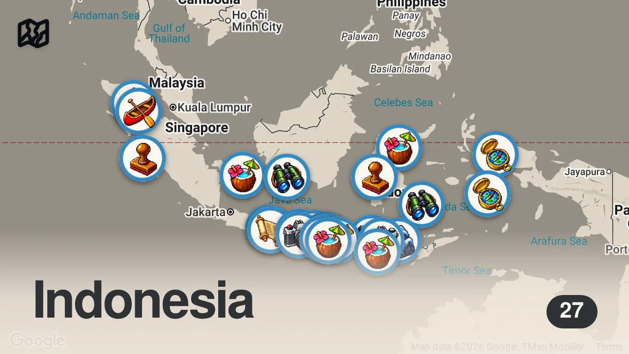 Map of 27 spots from Meraviglie dell'Indonesia | I luoghi più incredibili dell'Indonesia | 4K Guida di Viaggio