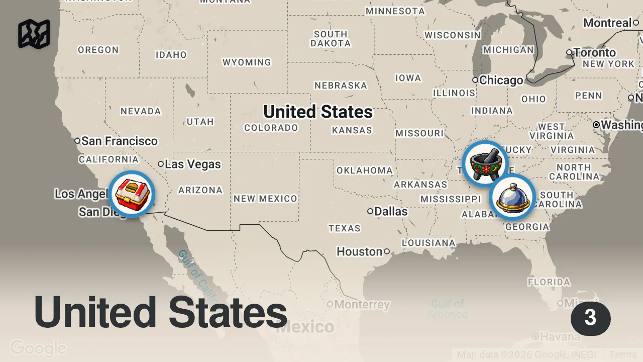 Map of 3 spots from Eating At Guy Fieri's Top Restaurants for 24 Hours… (As seen on TV)