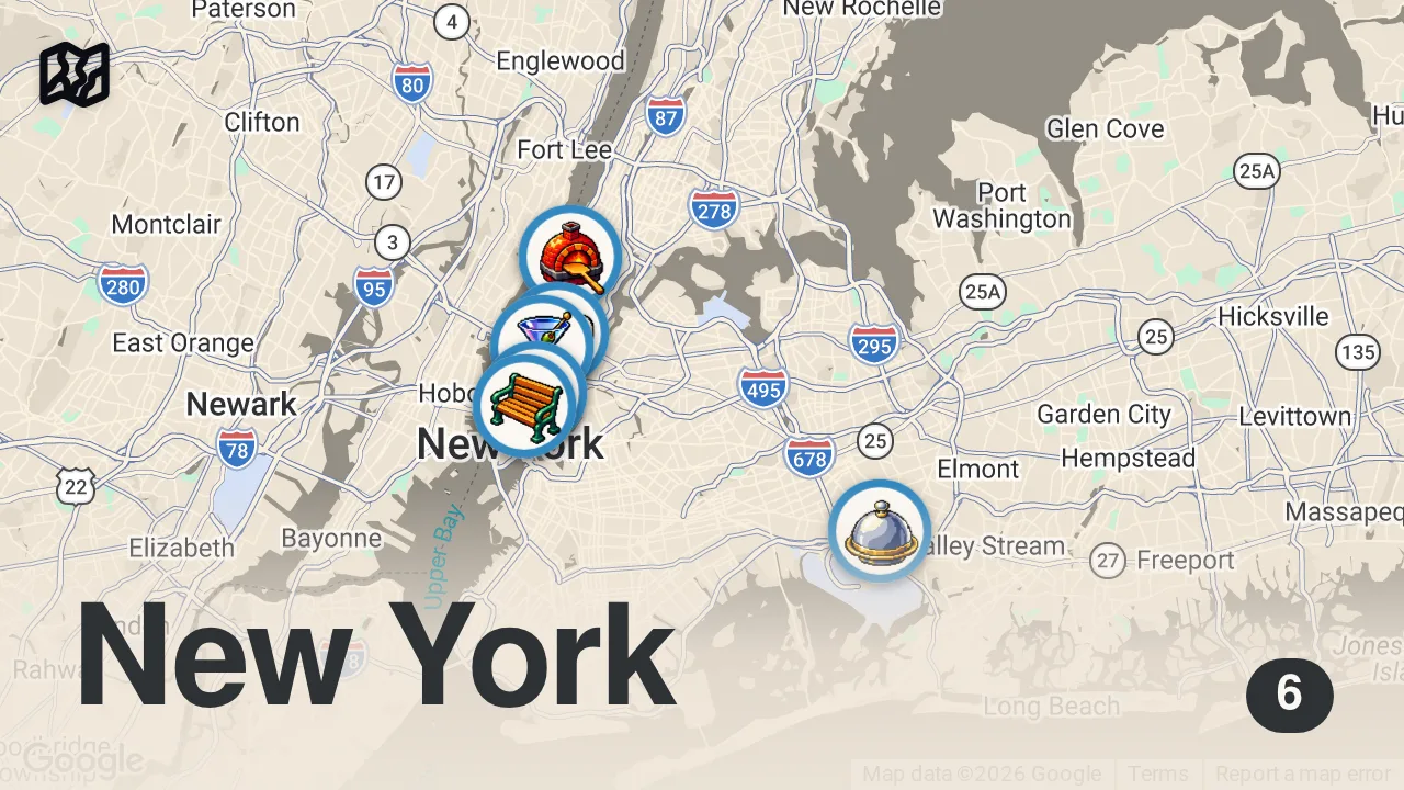 Map of 6 spots from This NYC restaurant was RATED #1 pizza in the WORLD!