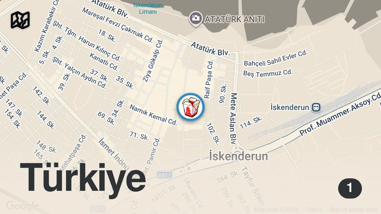 Map of 1 spot from Kaşarlı Adana kıyma kebap kebapçı Fevzi İskenderun Hatay