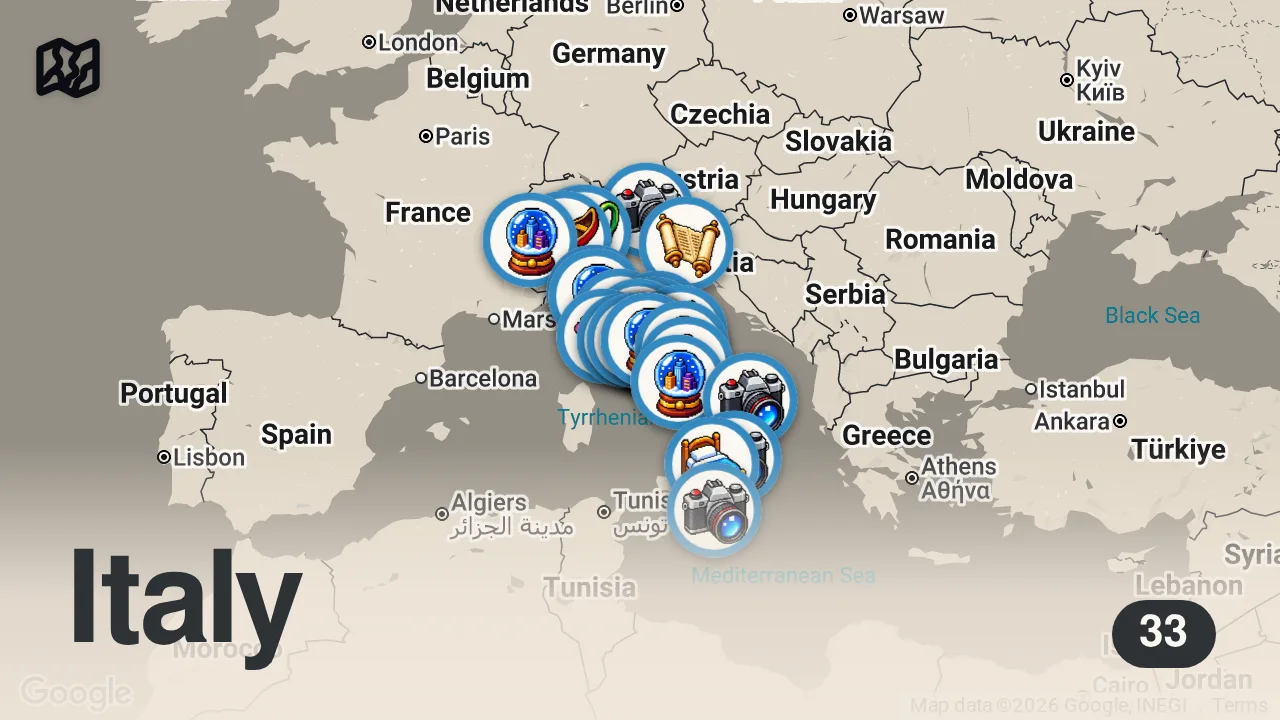 Map of 33 spots from I 100 Luoghi Più Belli d'Italia | 4K Guida di Viaggio