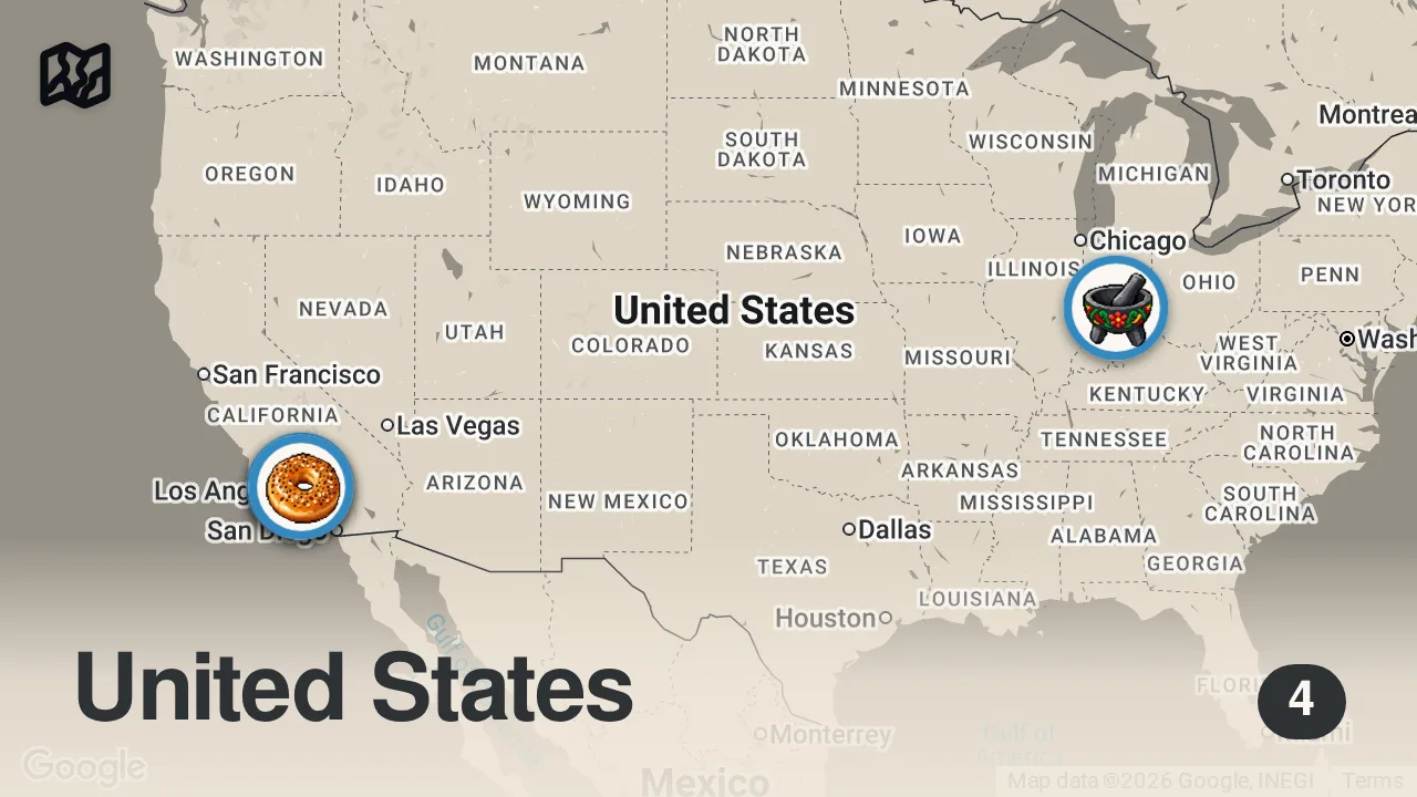 Map of 4 spots from I Only Ate Food Trucks For 24 Hours! (Impossible Food Challenge)