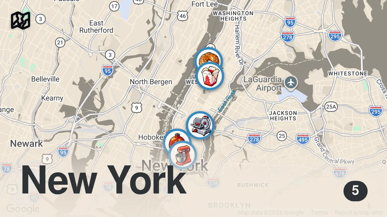 Map of 5 spots from Top 5 NYC Foods You MUST TRY Before You Die!