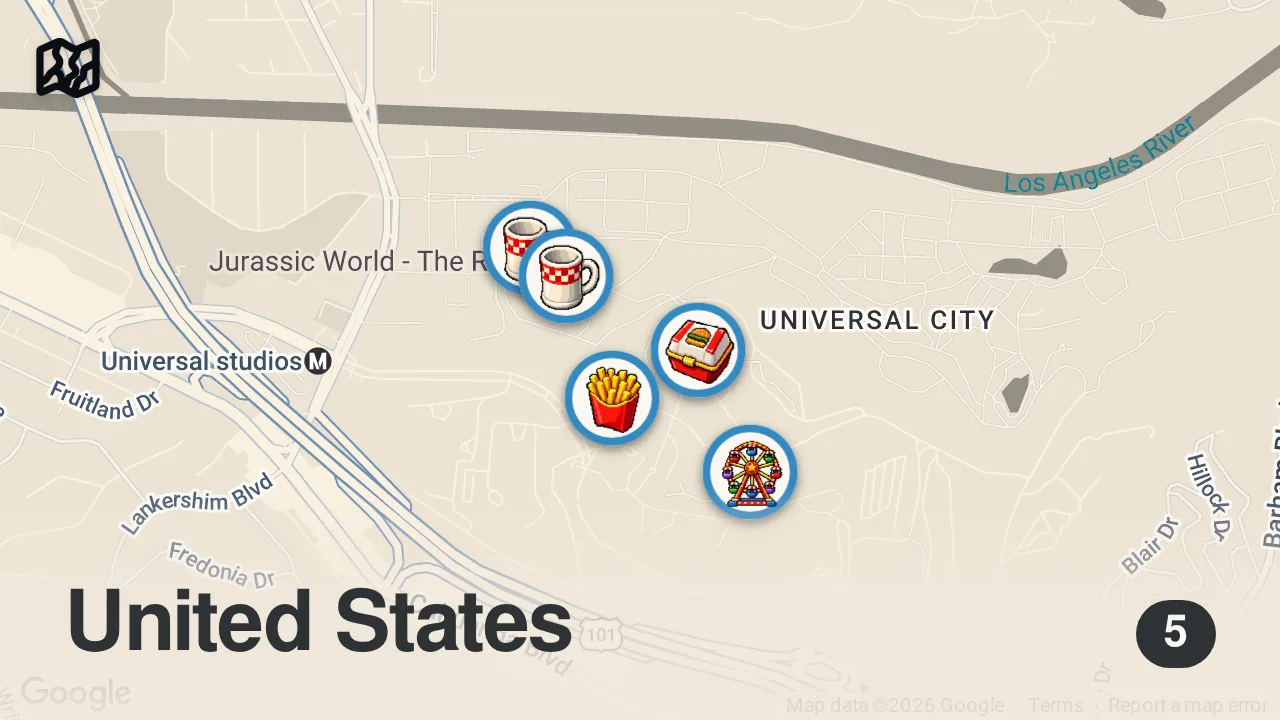 Map of 5 spots from Finding The Best Restaurant at Universal Studios Hollywood | Food Tours | Food Insider