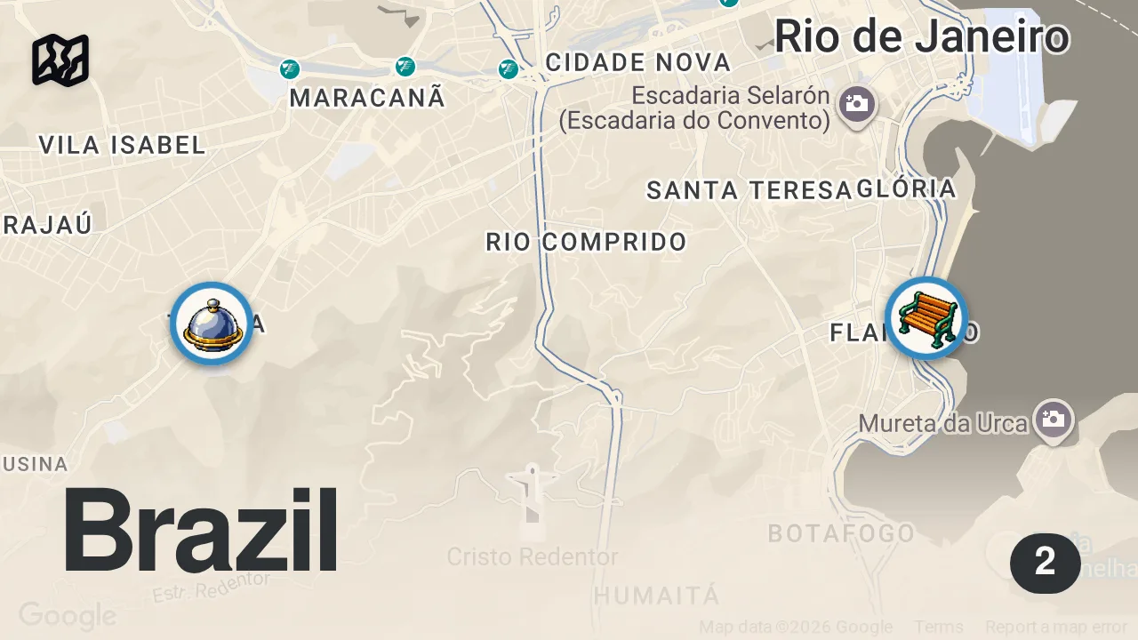 Map of 2 spots from The BEST Brazilian STEAK BBQ After Dark in Rio de Janeiro Brazil