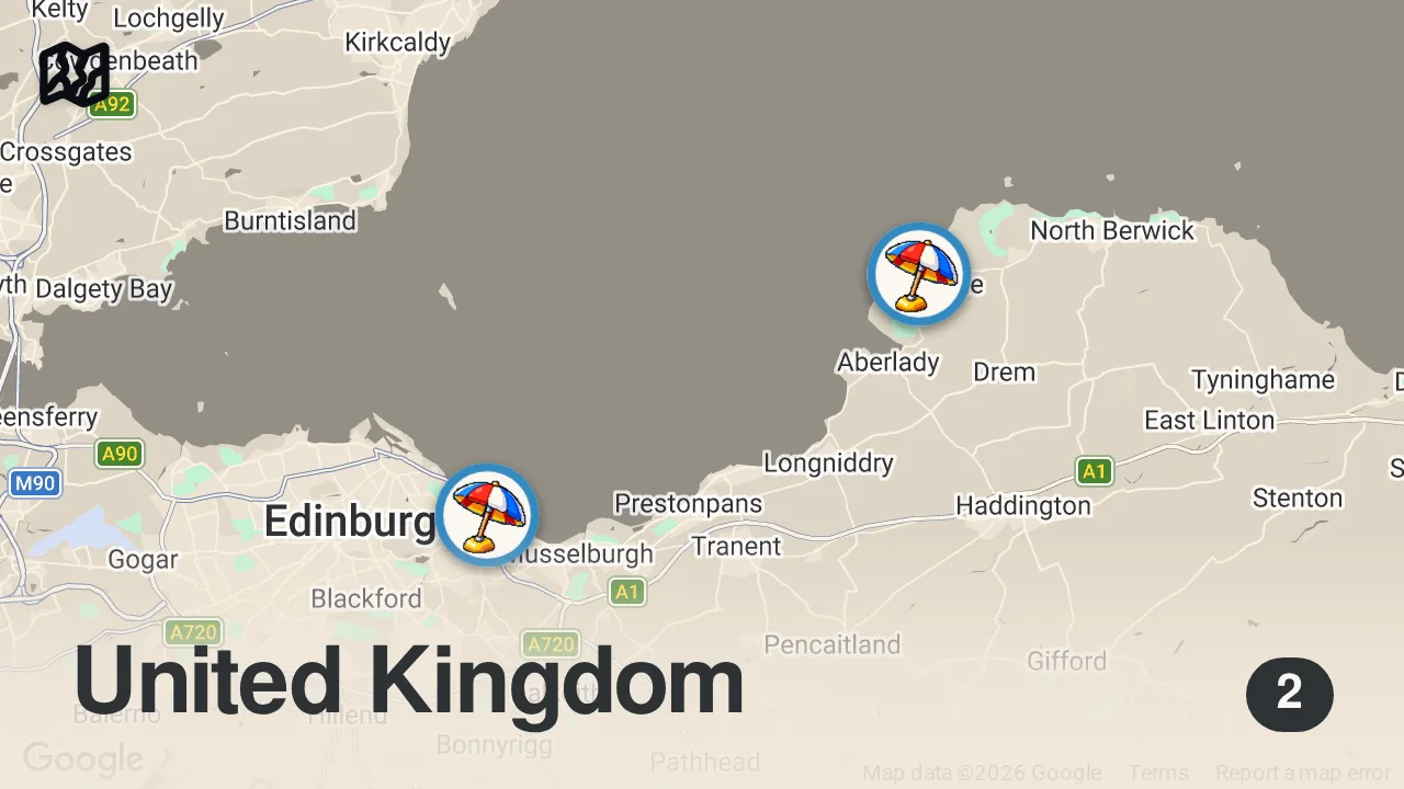 Map of 2 spots from 5 Best Beaches Near Edinburgh #edinburgh #scotland #beaches