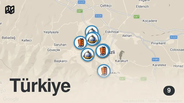 Map of LEVEL 9999 street food in Turkey 🇹🇷- EXTREME MEAT PARTY + Street food tour of Denizli, Turkey