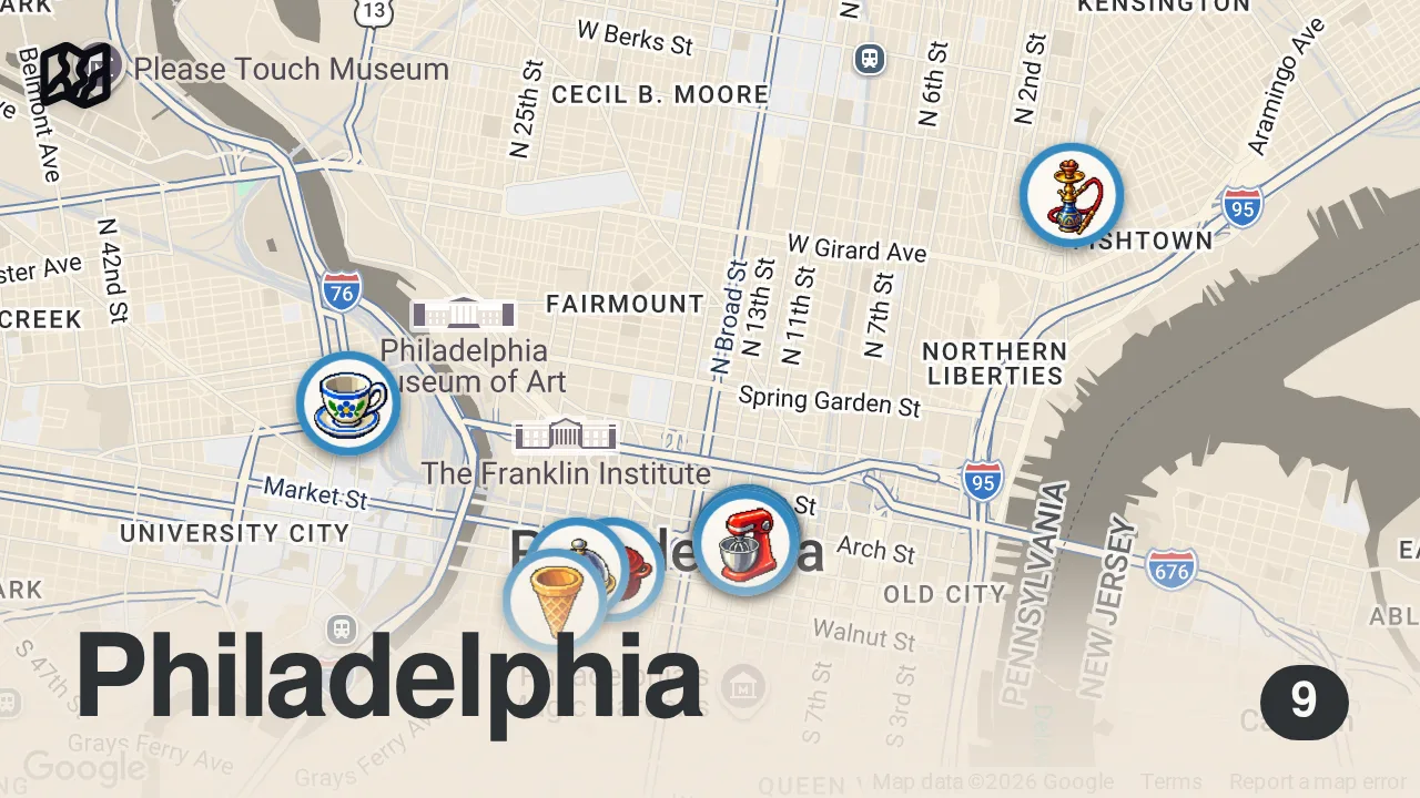 Map of 9 spots from Philadelphia Food Tour with the best Philly Food! #foodtour #philadelphia