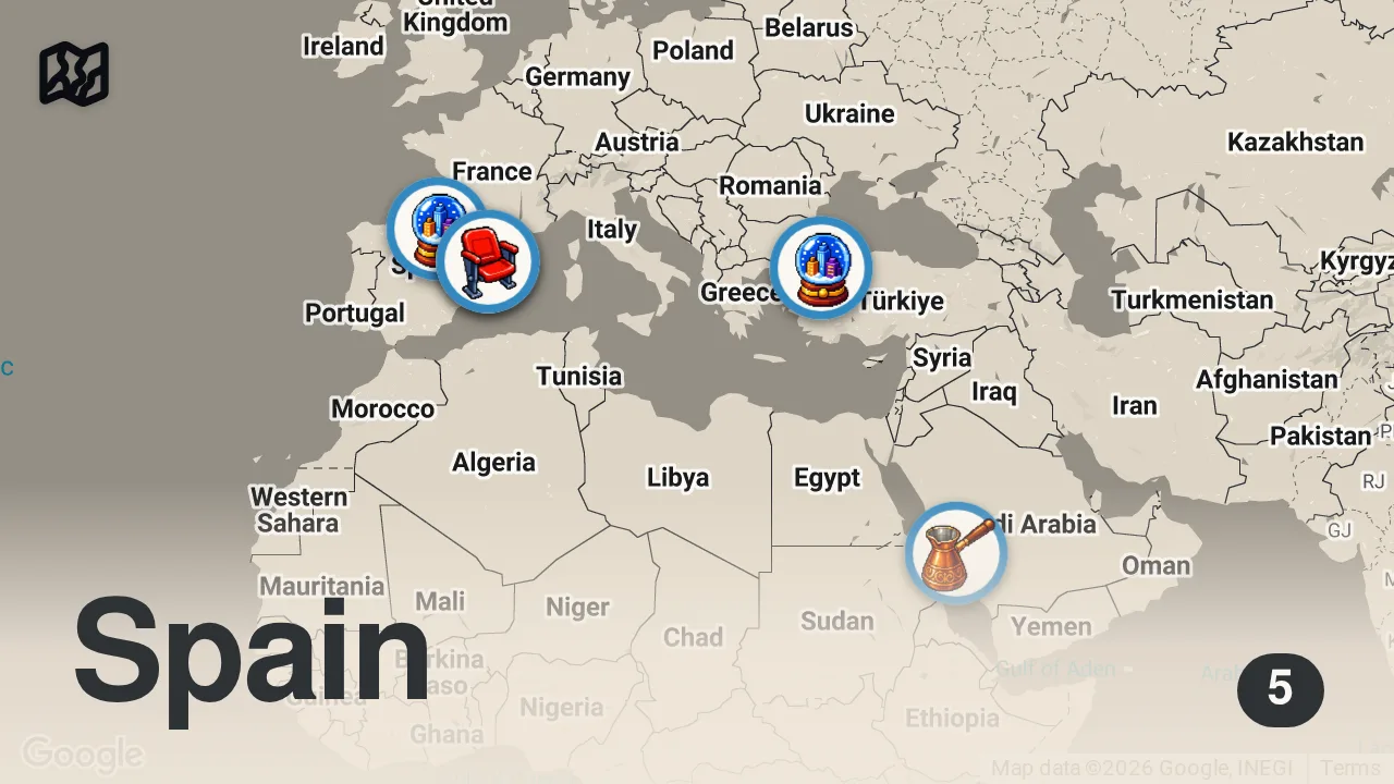 Map of 5 spots from حكاية أشهر كيكة في العالم 🌎