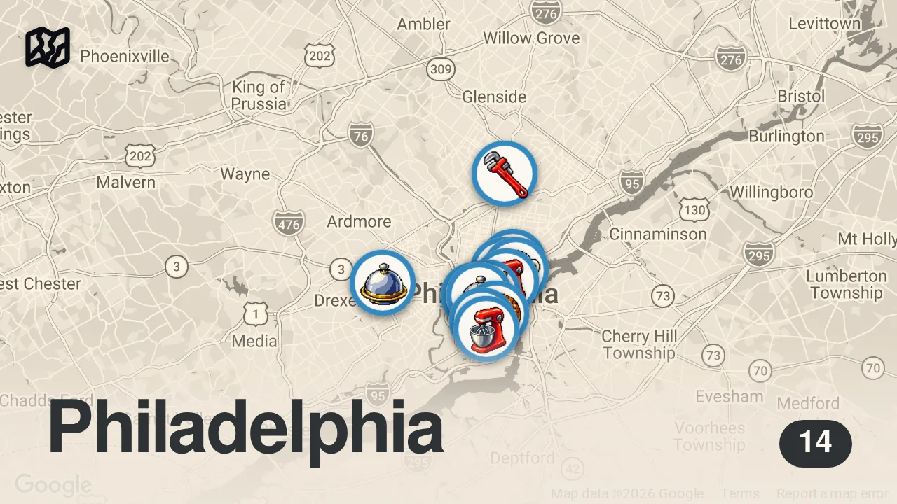 Map of 14 spots from 10 MUST EAT Restaurants in Philadelphia (food guide) | Jeremy Jacobowitz