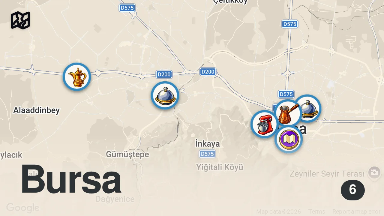 Map of 6 spots from İyi Yemeğin Ayağına Gidilir #4 | Bursa Lezzetleri | İlker Ayrık’la Motosikletli Lezzet Yolculuğu