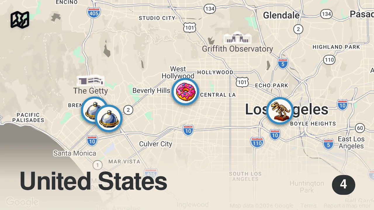 Map of 4 spots from The perfect day of eating in LOS ANGELES (all under $60)
