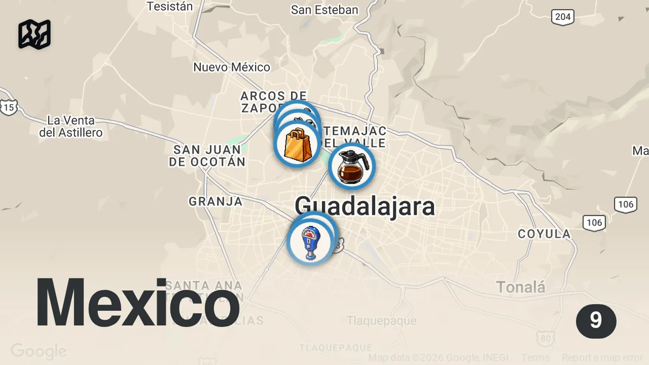 Map of 9 spots from Mexican Street Food!! 🇲🇽 INSANE BUBBLE BATH TACOS in Guadalajara, Mexico!! 🌮