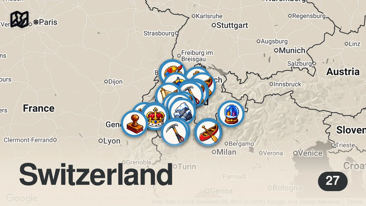 Map of 27 spots from Die 10 BESTEN ORTE IN DER SCHWEIZ, die man gesehen haben muss.
