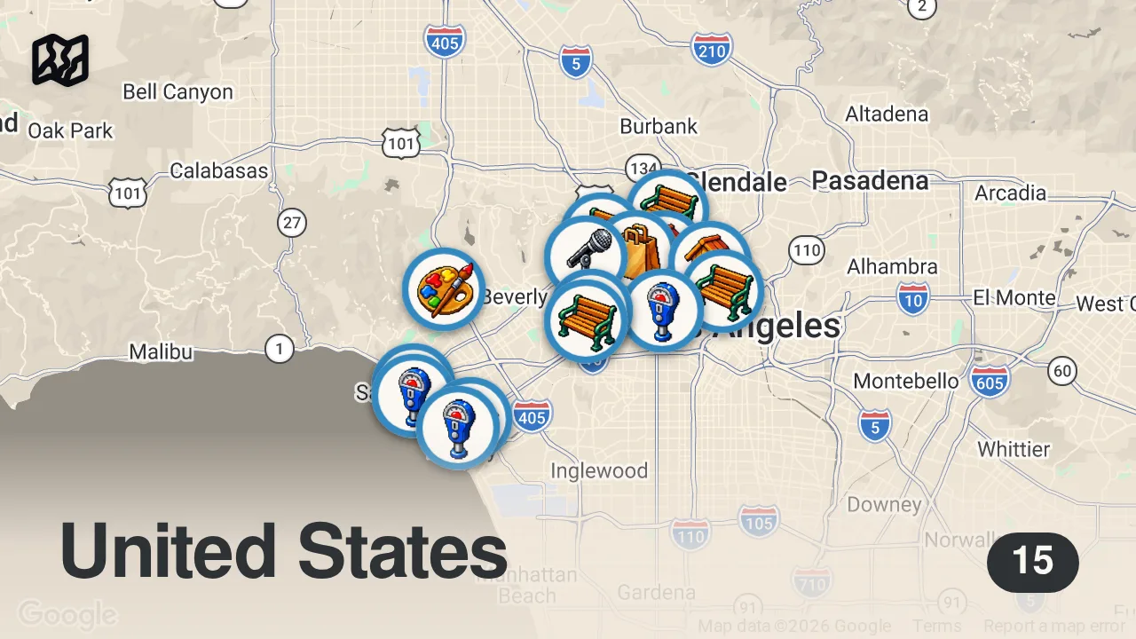 Map of 15 spots from LOS ANGELES TRAVEL GUIDE