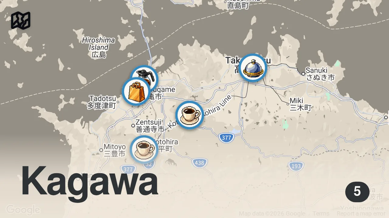 Map of 5 spots from 【香川グルメ・観光】グルメウォーカーが教える香川県観光地のホンマに美味しいうどん&ご当地グルメ店を紹介Kagawa prefecture recommended gourmet restaurants