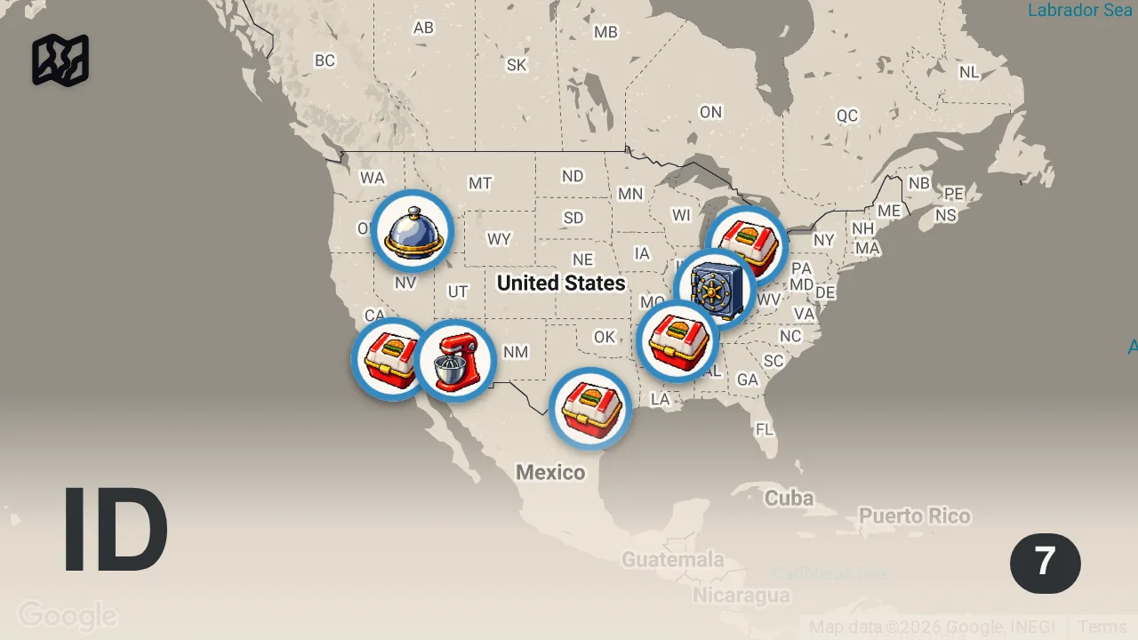 Map of 7 spots from 1 Hour of Adam’s Biggest Burger Challenges! 🍔 Man v. Food | Travel Channel