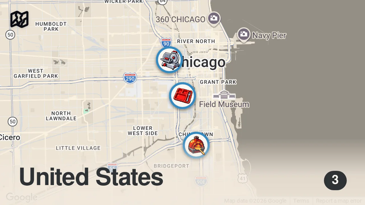 Map of 3 spots from Insane American Fast Food - KING SIZED Breaded Steak Sandwich!! | Best Food Chicago, USA