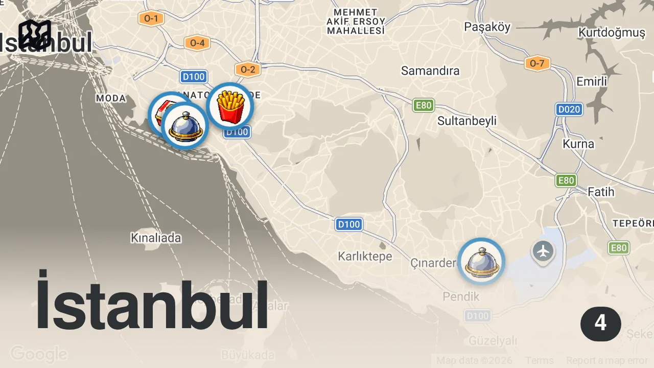 Map of 4 spots from İSTANBUL HAMBURGER REHBERİ 🍔 | Anadolu Yakası'ndan 4 Burger Durağı - Ayaküstü Lezzetler
